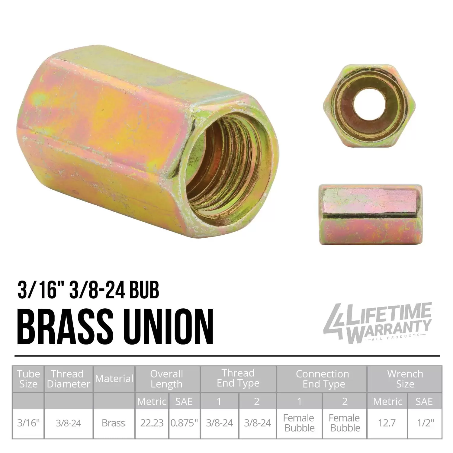 4LIFETIMELINES Steel Brake Line Union. 3/16 (3/8-24 Bubble). 10/bag