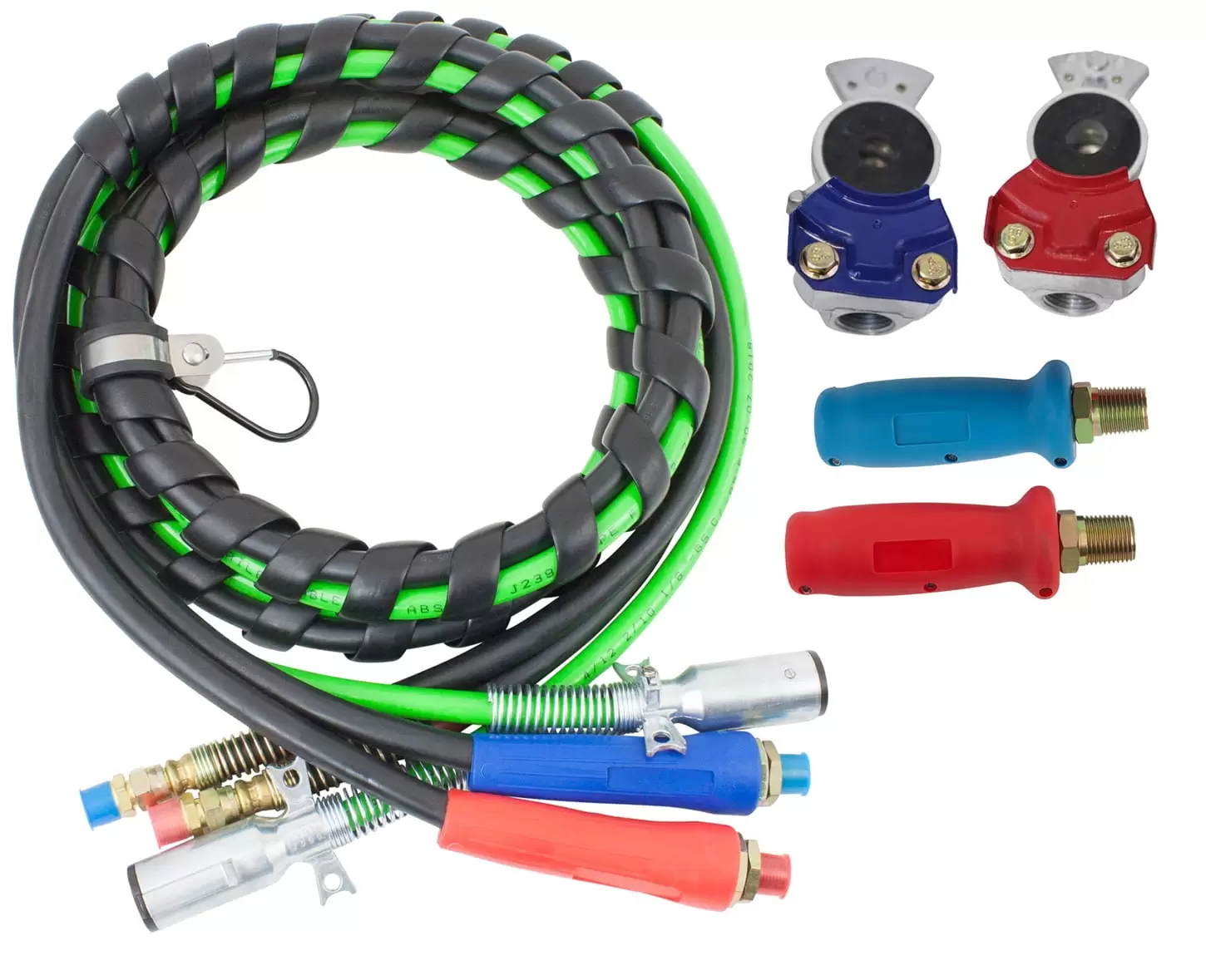 3-in-One Wrap 7 Way Electrical Green ABS Air Brake Lines 18 Ft . Set of Standard Aluminum Gladhands Service & Emergency. Set of Gladhand Extension Handle Grips Set Red & Blue