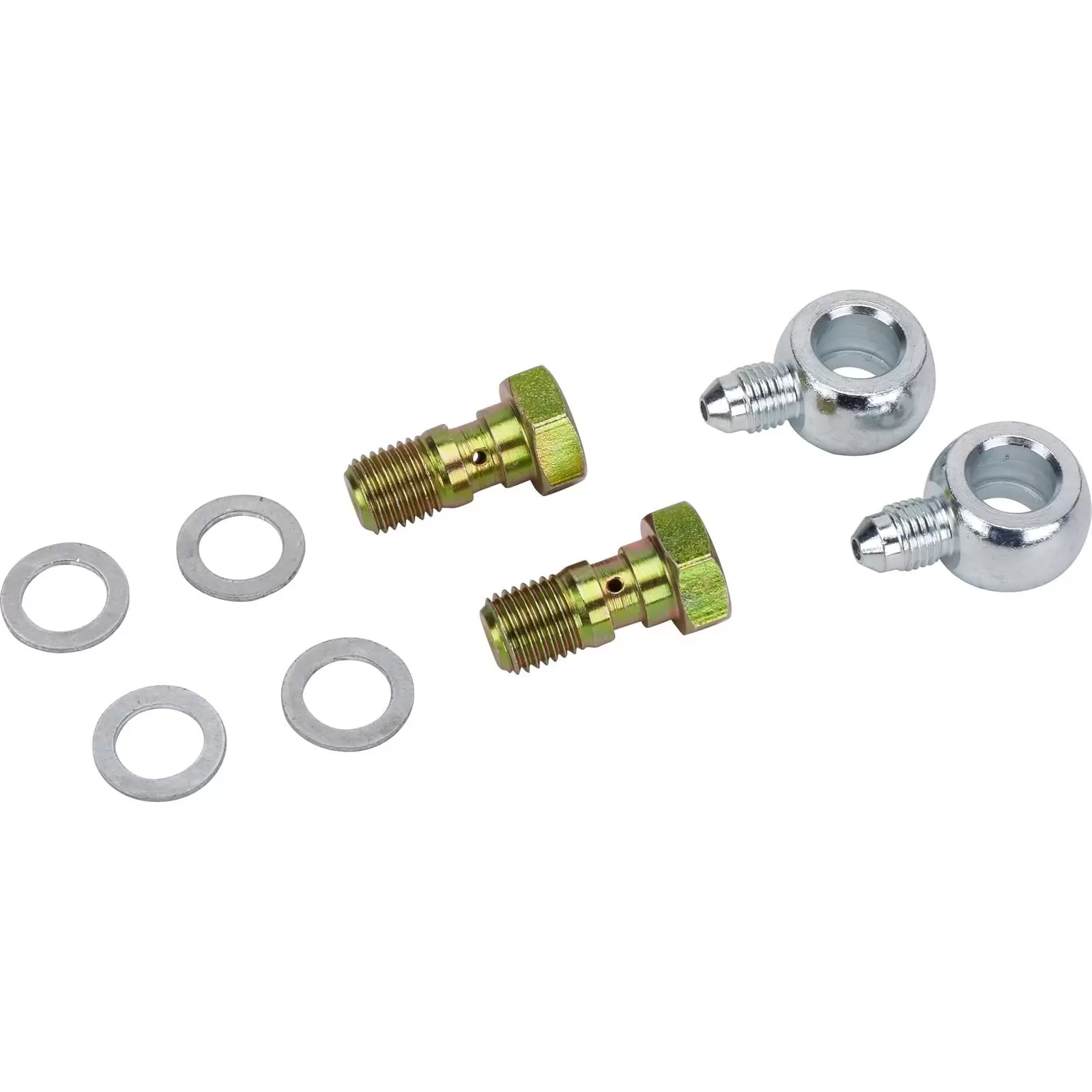 Banjo Brake Fitting Kit for GM Calipers. 7/16-20 to -3 AN: Includes Banjo Bolts. Fittings & Aluminum Crush Washers. Zinc Plated. Leak-Proof Seal. Services Two Calipers - Short Style Banjo Design