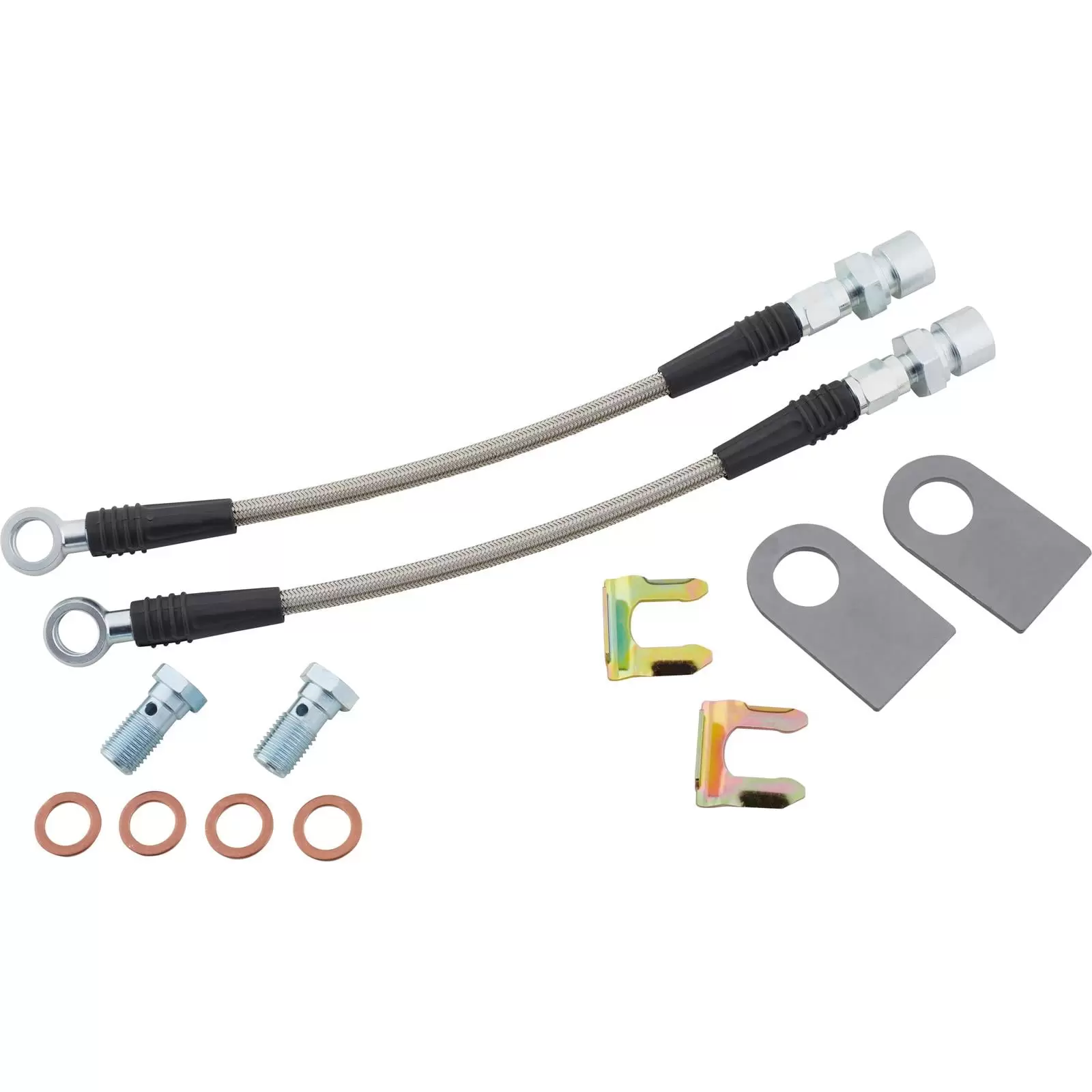 DOT Approved Braided Stainless Brake Line Kit: For GM/Ford. 7/16-20 Rear. Convert Drum to Disc Brakes. Stainless over Teflon? Hose. 3/8-24 IFF Adapters. Banjo Bolts. Frame Tabs & Clips Included