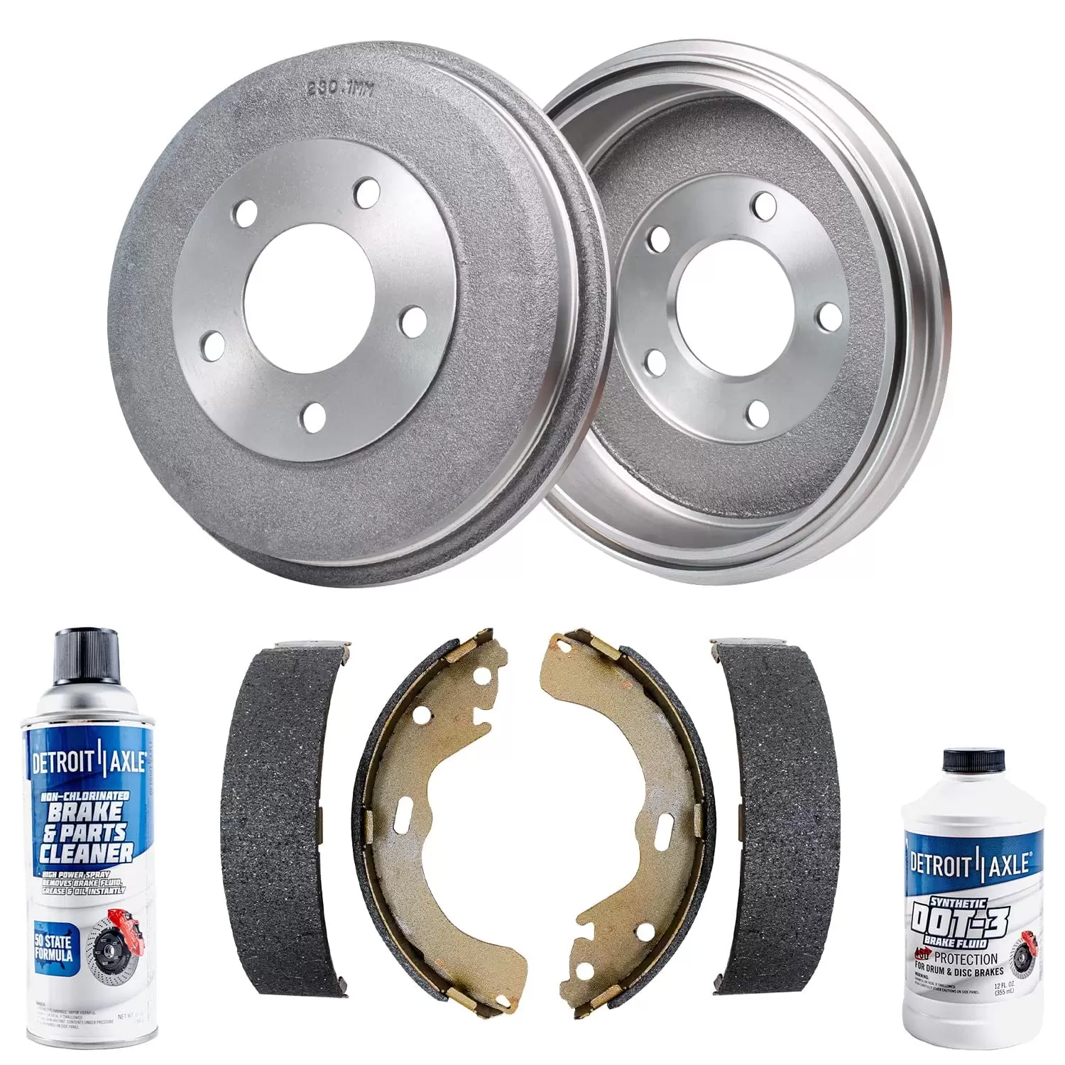 Detroit Axle - Rear Brakes Drums Brake Shoes w/Cleaner Fluid Replacement for Ford Escape Mazda Tribute Mercury Mariner - 6pc Set Fits select: 2002-2007 FORD ESCAPE XLT. 2003-2004 MAZDA TRIBUTE LX