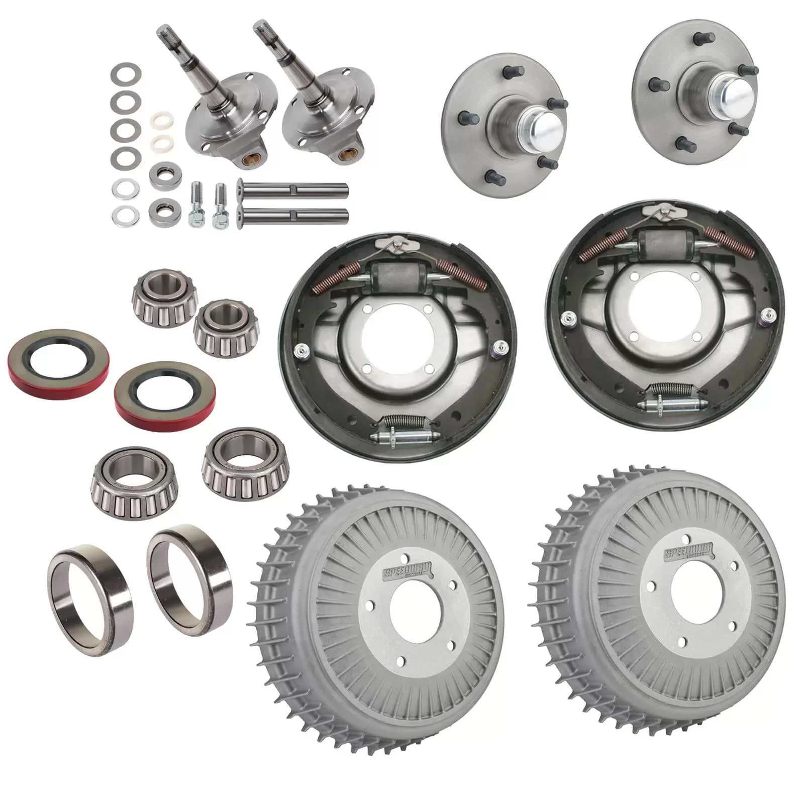 Drum Brake Kit. Fits 1928-48 Axles. Ford Spindle and Buick Finned Drum. Includes Shoes. Wheel Cylinders. & Hardware