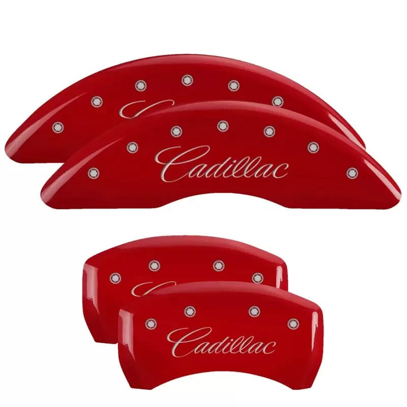 MGP 4 Caliper Covers Engraved Front Cursive/Cadillac Engraved Rear XLR Red finish silver ch Fits select: 2007 CADILLAC CTS-V HI FEATURE V6. 2006 CADILLAC CTS-V