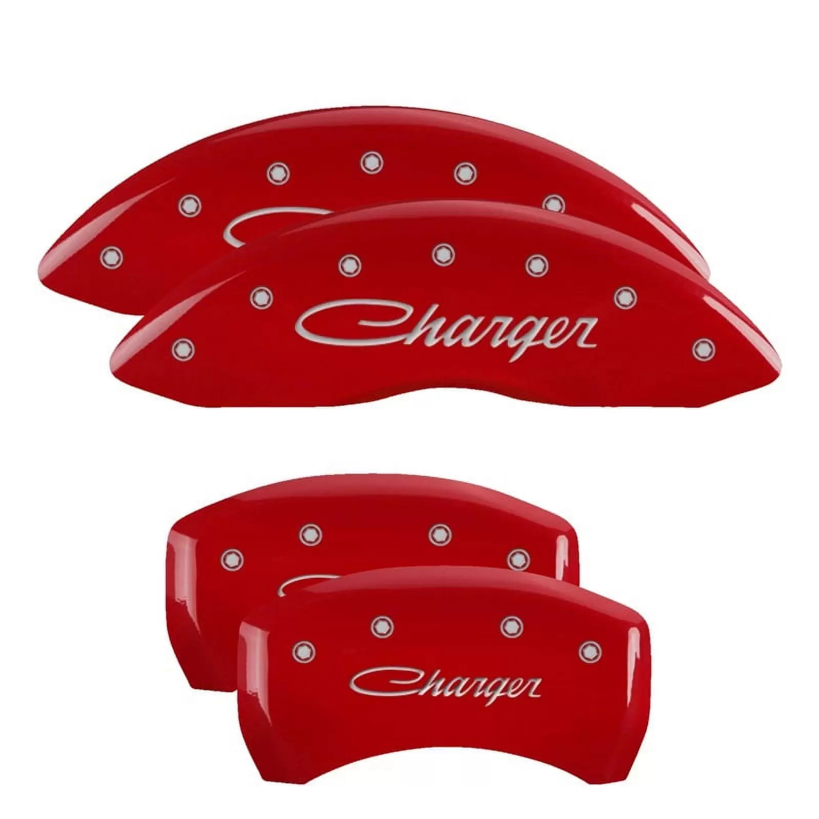 MGP 4 Caliper Covers Engraved Front Cursive/Challenger Engraved Rear RT Red finish silver ch Fits select: 2006-2010 DODGE CHARGER R/T. 2009-2010 DODGE CHALLENGER R/T