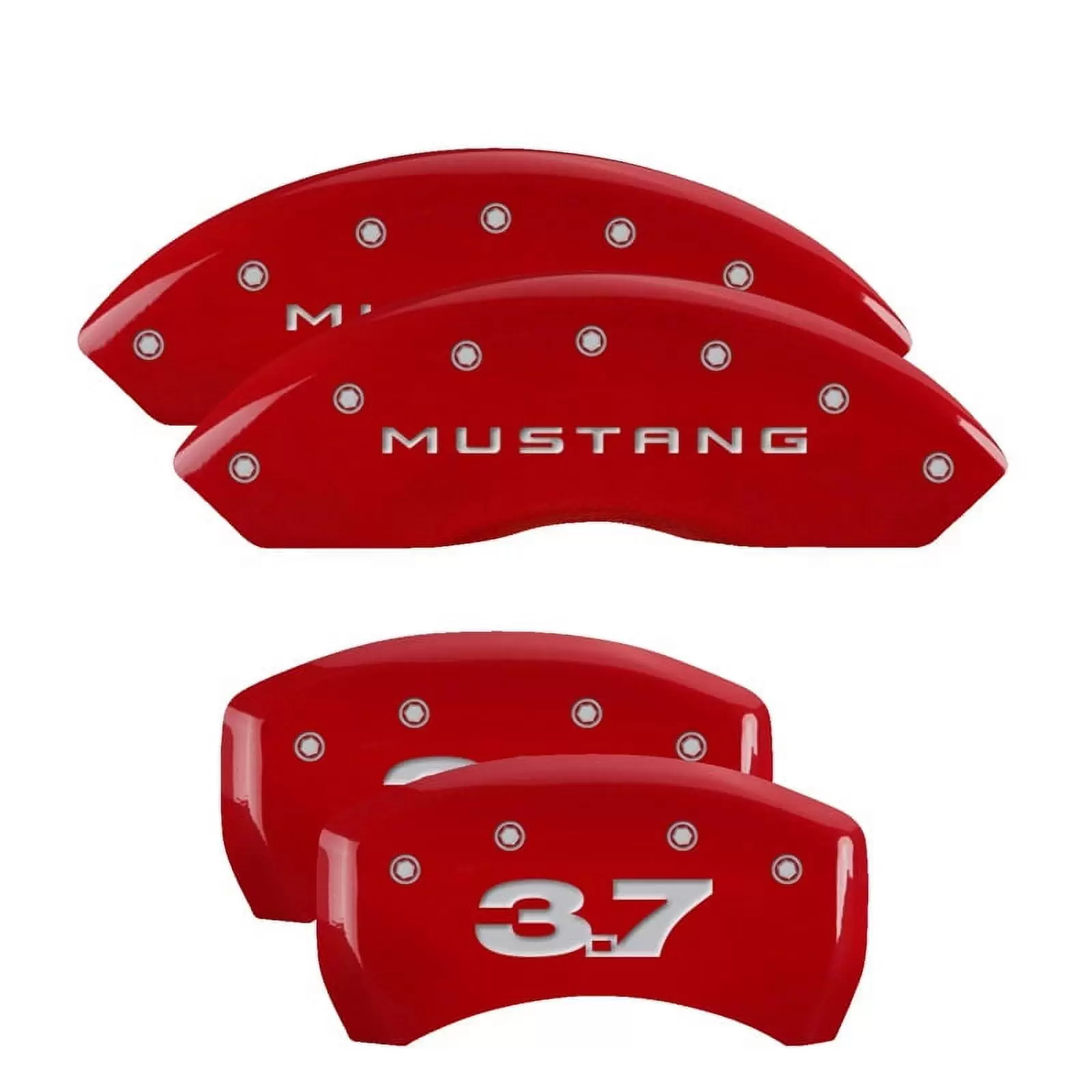 MGP 4 Caliper Covers Engraved Front Mustang Engraved Rear 37 Red finish silver ch Fits select: 2010-2014 FORD MUSTANG