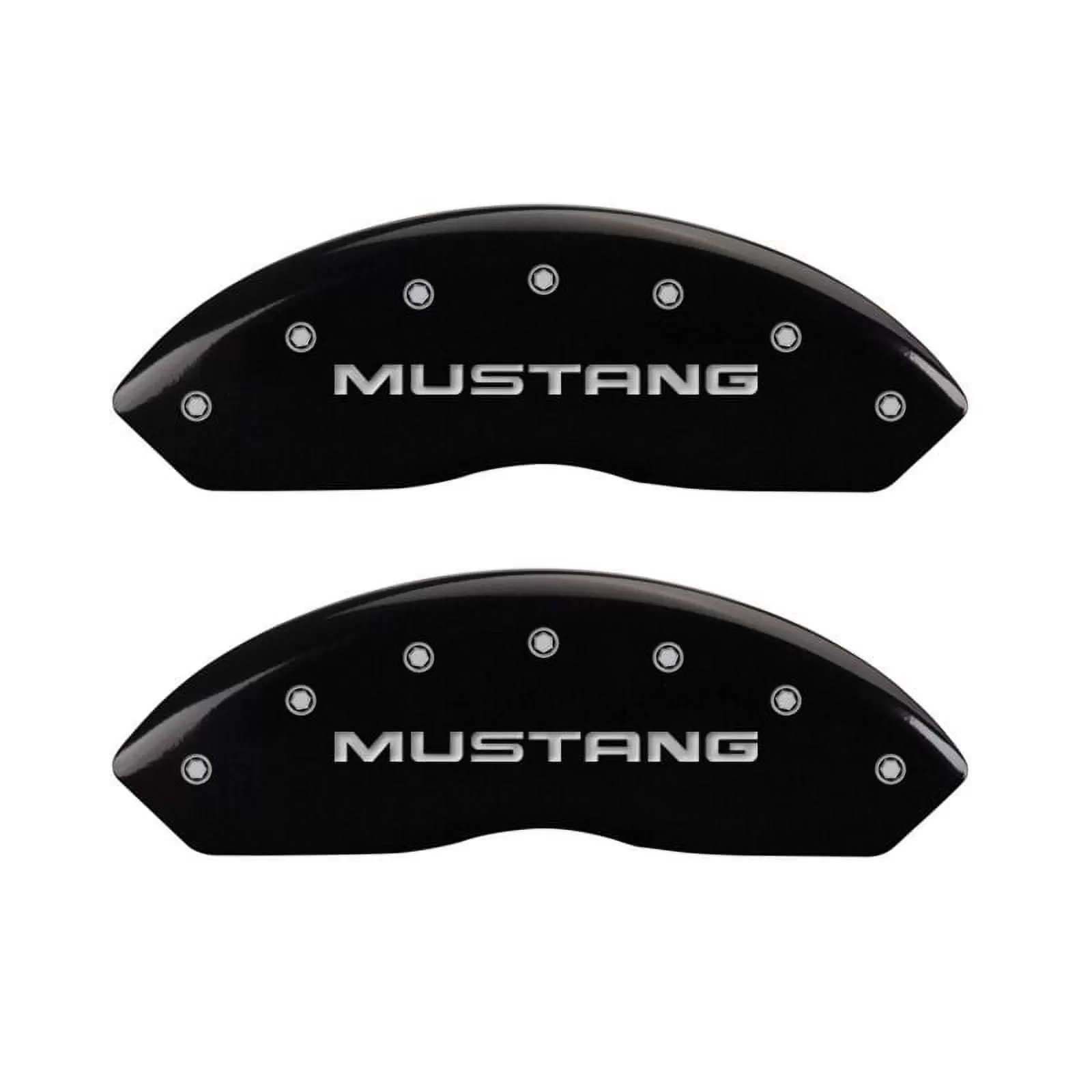 MGP 4 Caliper Covers Engraved Front Mustang Engraved Rear SN95/GT Black finish silver ch Fits select: 1999-2004 FORD MUSTANG