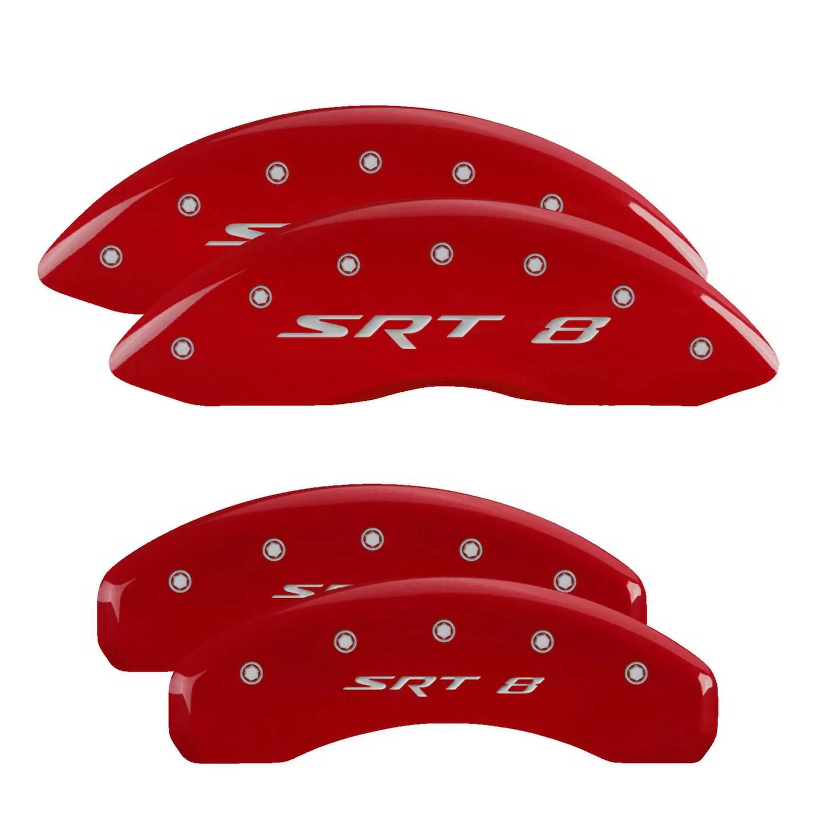 MGP 4 Caliper Covers Engraved Front Rear 11-18 Jeep Grand Cherokee Red Finish Silver SRT-8 Logo