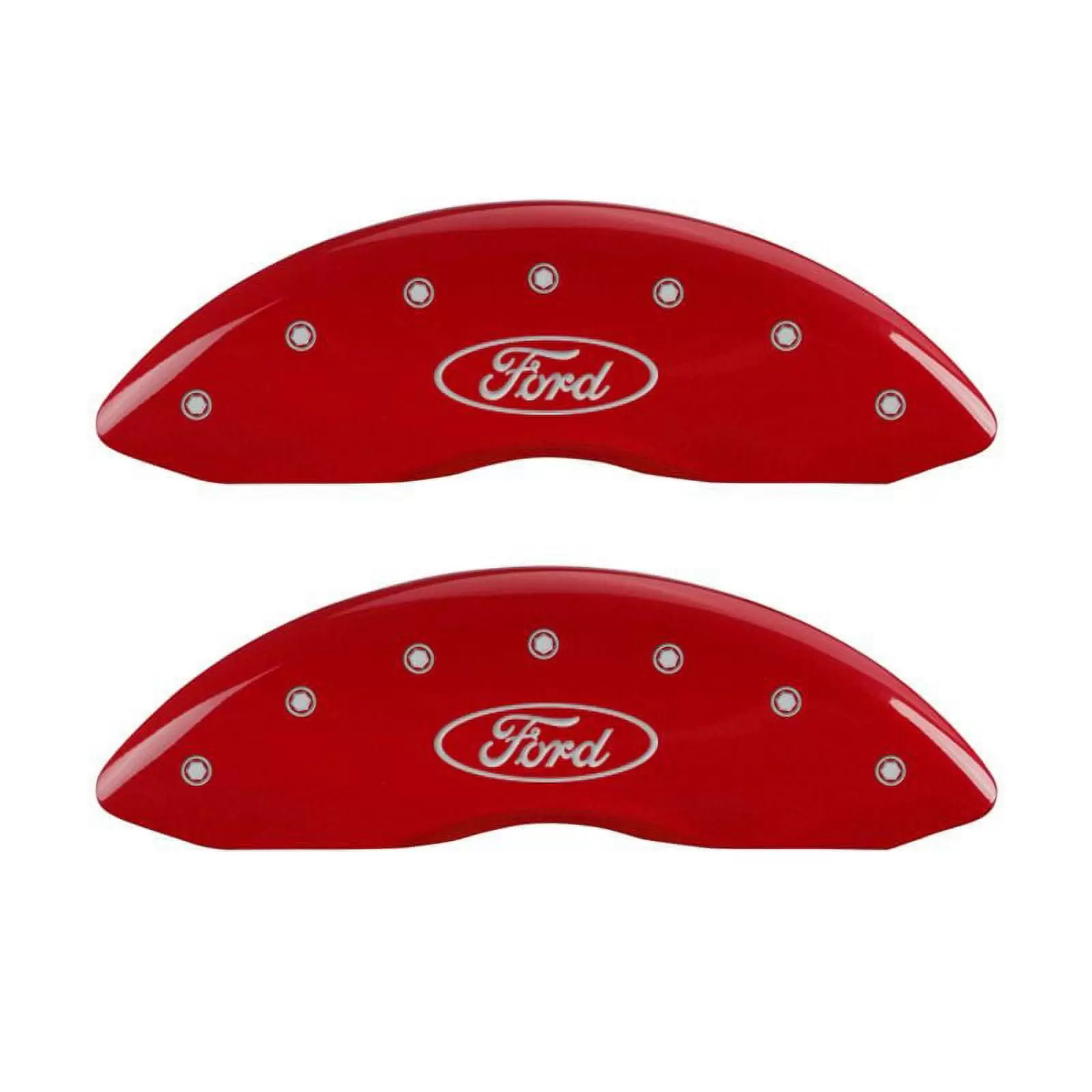 Set of 4 MGP Caliper Covers 10229Sfrdrd. Engraved Front and Rear: Oval Logo/Ford. Red Powder Coat Finish. Silver Characters Fits select: 2011-2019 FORD EXPLORER XLT