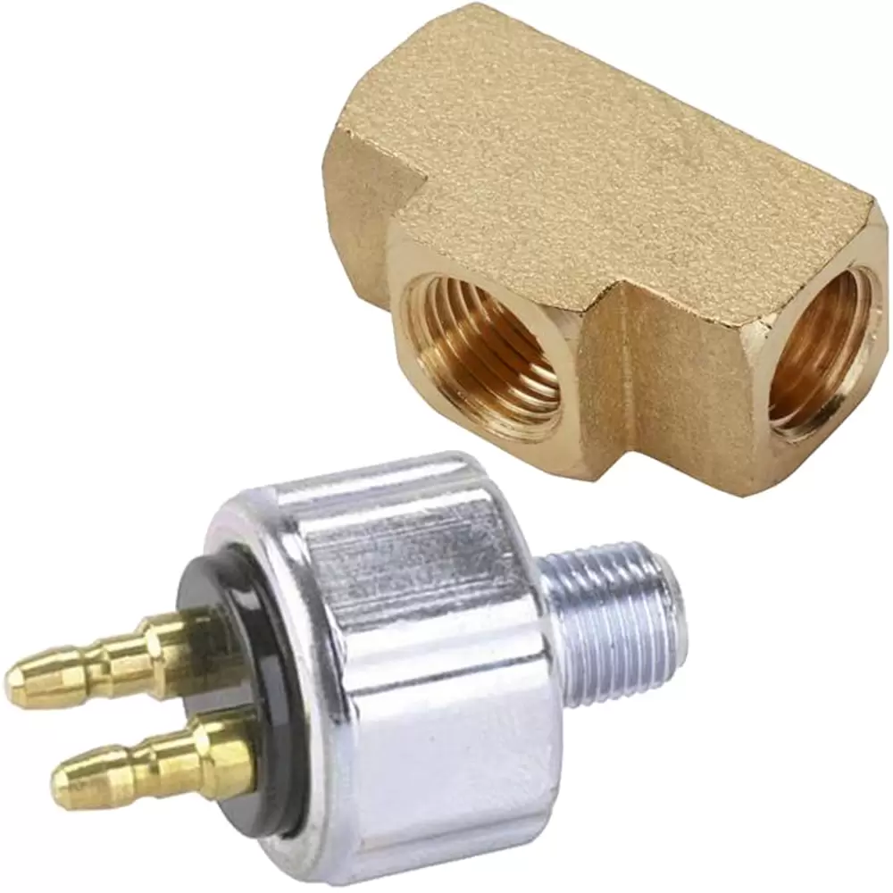 Speedway Motors Brake Light Switch Kit. Brass Tee Fitting. 3/8-24 IFF. 1/8 NPT. Suitable for 3/16 Steel Brake Lines. Actuates at 60-100 psi. Quality Natural Brass. Kit Includes Switch & Adapter Tee