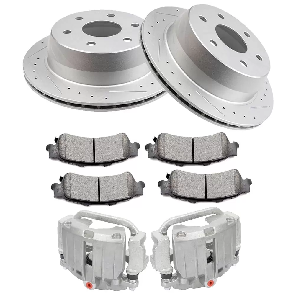 CCIYU Brake Kit with Caliper.Rear 2 Dics Rotor 4 Ceramic Pad & 2 Caliper fit for Chevy Astro Avalanche Silverado Suburban 1500 Tahoe.03-05 for GMC Safari.99-03 for GMC Sierra 1500.00-02 for GMC Yukon