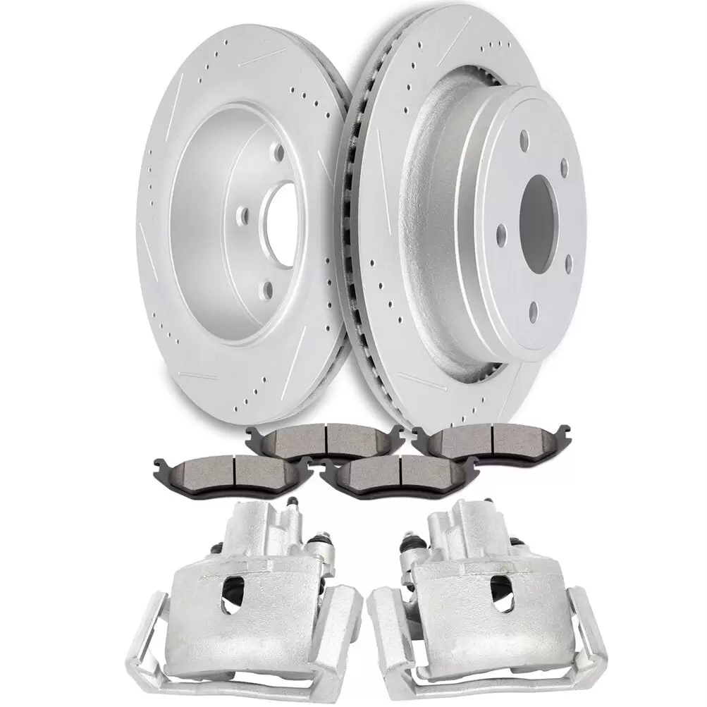 cciyu Rear Brake Kits with Calipers - 4 Dics Rotors 8 Ceramic Pads 4 Calipers With Bracket fit For Chrysler 2007-2009 For Dodge 2002-2010 For Ram 2011-2017 (8PCS)